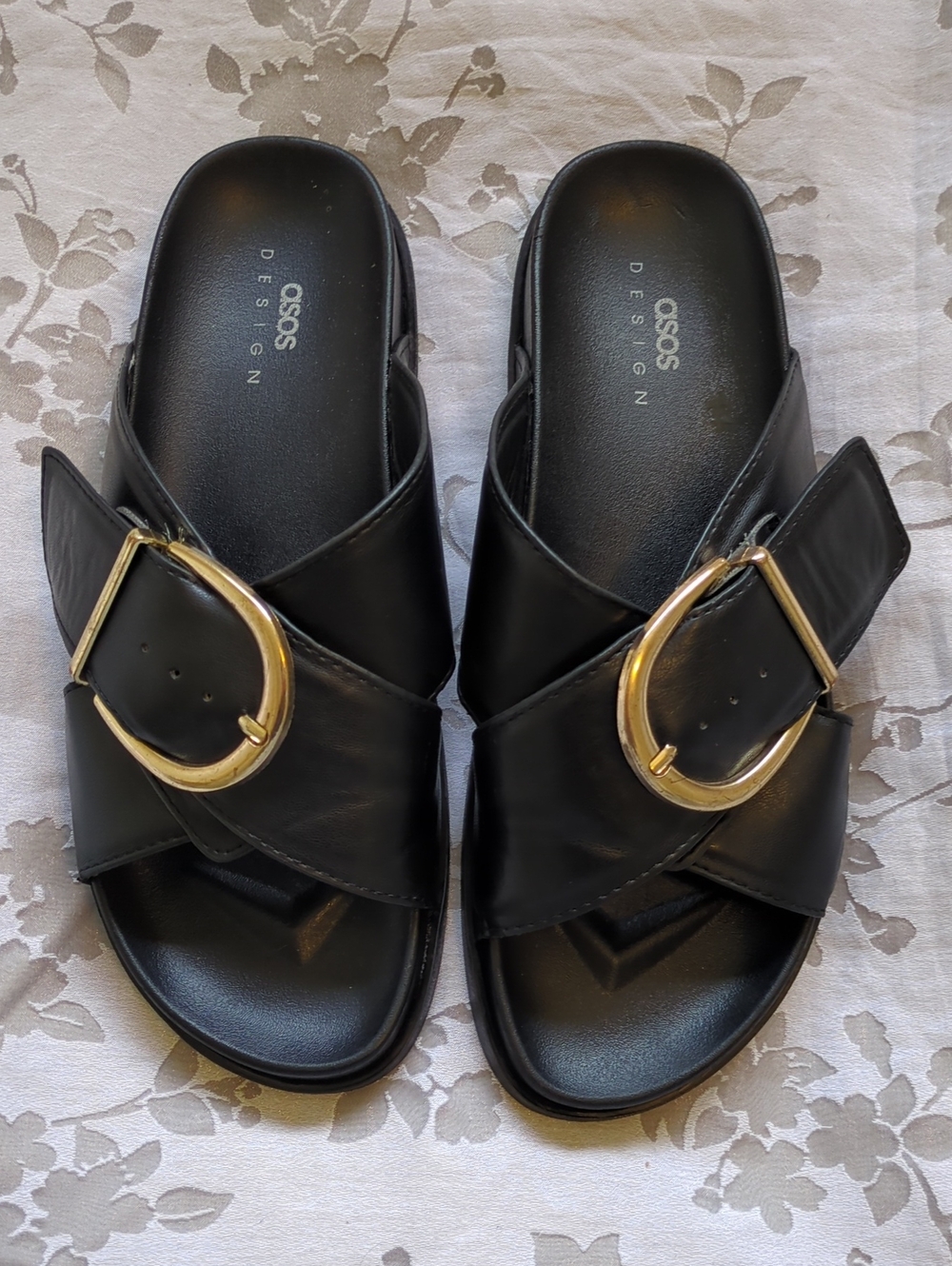 ASOS Black Crossover Slide Sandals with Gold Buckles